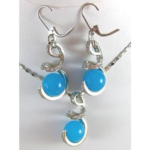 Hot sell new - ladys noblest 12mm blue stone pendant earring set