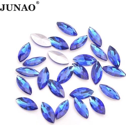 JUNAO 7*15mm 100Pcs Dark Blue Pointback Glass Rhinestones Stickers Horse Eye Crystal Stones Gems Strass Applique For Decorations
