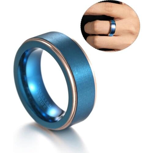 8 MM Gold Blue Tungsten Steel Rings for Men Cool Band Jewelry Trendy Metal Dual Color Finger Ring Daily Wear Decor Size 6-12