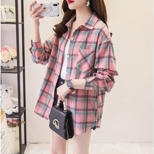 Korean version of the plaid shirt womens long-sleeved cardigan plaid student school uniform jacket casual fashion plus size new