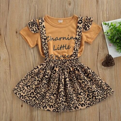 Summer Girl Two-piece Suit Letter Print Flying Sleeve Rround Neck Tops and Fashion Leopard Print Suspender Skirt Birthday Party