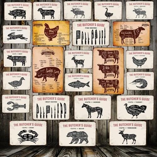 [ Mike86 ] CUTS BUTCHER GUIDE BEEF PIG DUCK Meat Collection TIN SIGN Decor Retro Wall Plaque Painting Metal Craft FG-229