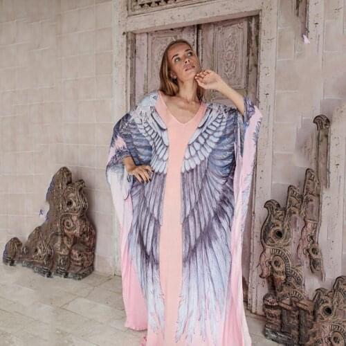 Sweet Pink Kaftan Maxi Dress Women Holiday Beach Cover Up Dreamy Angle Wings Pattern Chiffon Long Tunic Party Gown Resortwear