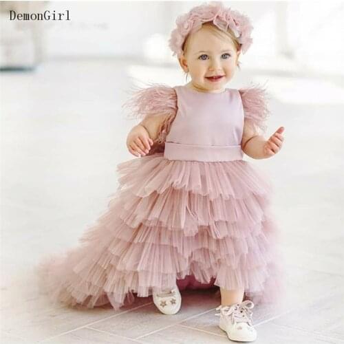 Cute Puffy Baby Girl Birthday Dresses Layers Tulle O Neck Little Princess Party Gown Big Bow Backless Infant Clothes Photoshoot