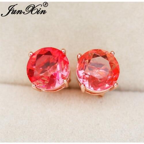 Cute Pink Yellow Rainbow Crystal Round Stud Earrings For Women Rose Gold Mystic Fire Zircon Wedding Earrings Female Jewelry CZ
