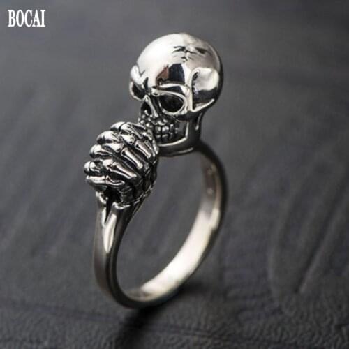 BOCAI Real s925 Silver Ring for Man 2021 Trend Punk Rock Style Skull Man Ring Retro Jewelry