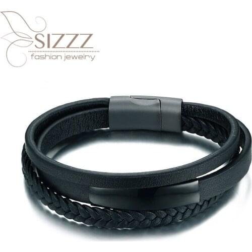 SIZZZ 2020 Stainless steel leather three circles 20.5CM bracelet&bangles for men