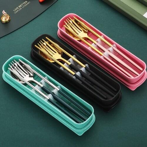 Independent Set Stainless Steel Portable Tableware Student Tableware Travel Lunch Box Three-piece Fork Spoon Chopsticks Set
