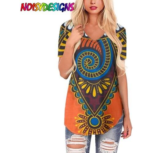 NOISYDESIGNS Women Plus Size Blouses And Shirts Women Orange Retro Ankara African Print Short Sleeve Loose V-neck Blouse Summer