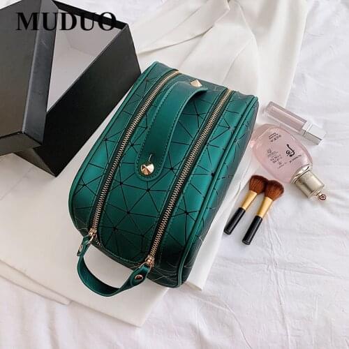 MUDUO 2021 New Geometric Zipper Cosmetic Bag Large Storage Package Women Diamond Makeup Bag Laser Flash Leather Ladies Cosmetic