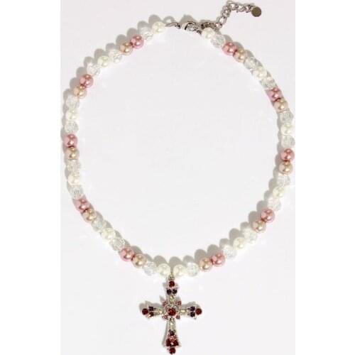 Europe and the United States new colorful rainbow beaded glass pearl retro fashion cross pendant necklace wholesale