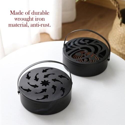 Portable Iron Mosquito Coil Holder Hollow Mosquito Coil Box Round Incense Burner with Handle Anti Scald Wrought For Home