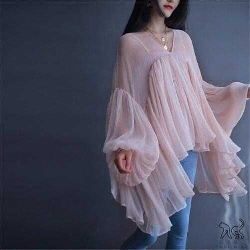 Zanzea Korean Summer Womens Tops And Shirts Clothes 2019 Vintage Lantern Sleeve Chiffon V-neck Irregular Shirt Two-piece Set