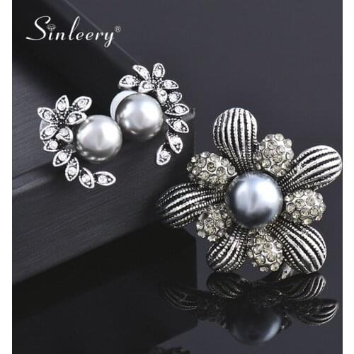 SINLEERY Vintage Jewelry Leaf Stud Earring Big Flower Ring With Grey Pearl Bridal Jewelry Set TZ022 SSK