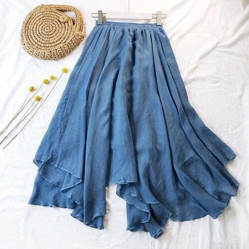 Spring Summer Linen Literature Retro Skirts Womens A-line Irregular Mid-Length Skirt DZA484