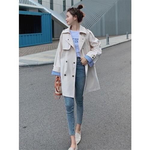 Womens Windbreaker Spring Autumn New Korean Fashion Loose Solid Color High-quality Double-breasted Long Sleeve Feminine Coat089