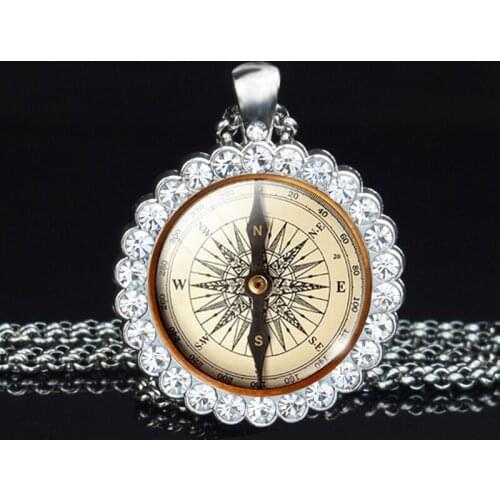 Vintage Compass Art Photo Rhinestone Glass Pendant Necklace Traveler Gift ( Not Real Compass )