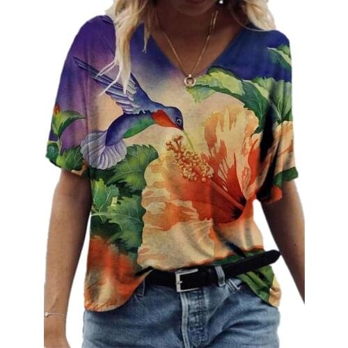 Wholesale Ladies T-Shirt 2021 Summer Womens T-Shirts Short Sleeve V-Neck Flowers Oil Painting Print Fashion Casual Loose Spot