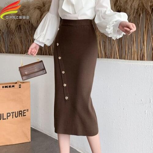 Autumn 2020 New Arrival Buttons Maxi Knitted Skirt Long Skirts For Women Slim High Waist Ladies Skirts Back Slit Skirt