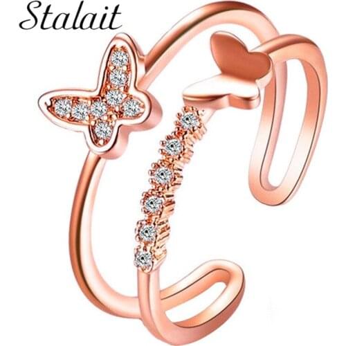 Rose Gold Color Double Butterfly Rings Female Popular Opening Adjustable Luxuri Design Ring For Woman New Arrival