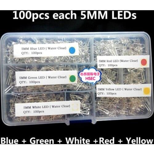 With Box 100pcs 5mm LED Diode Transparent Round 5 mm Assorted Kit White Green Red Blue Yellow DIY Light Emitting Diode F5
