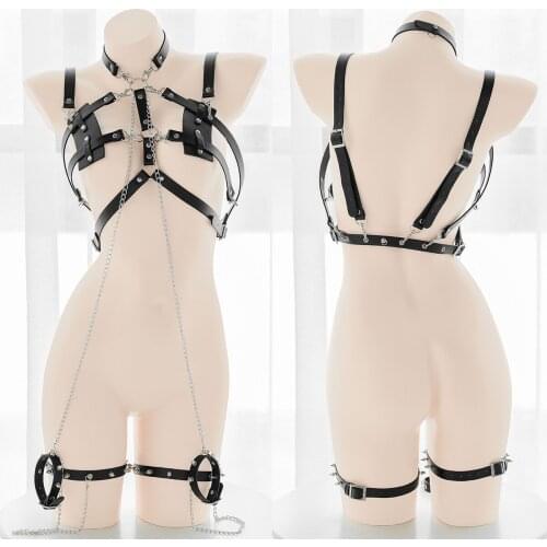 Pu leather restraint jacket leg loop handcuffs chain hollow traction chain collar set cosplay