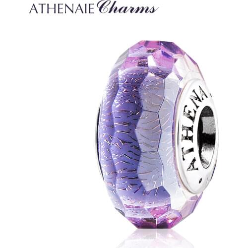 ATHENAIE 925 Silver Core Purple Fascinating Shimmer Faceted Charms Murano Glass Beads for European DIY Women Bracelet Jewerly