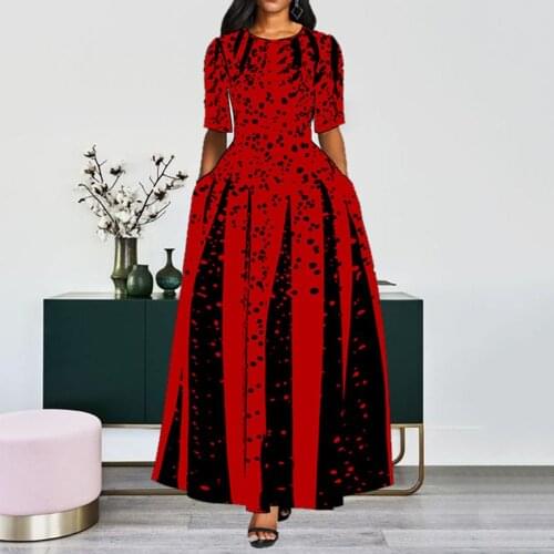 Elegant Lady Party Dinner Midi Robe High Waist Bandage Print African Christmas Dress Vestiods Half Sleeve Women A Line Dress