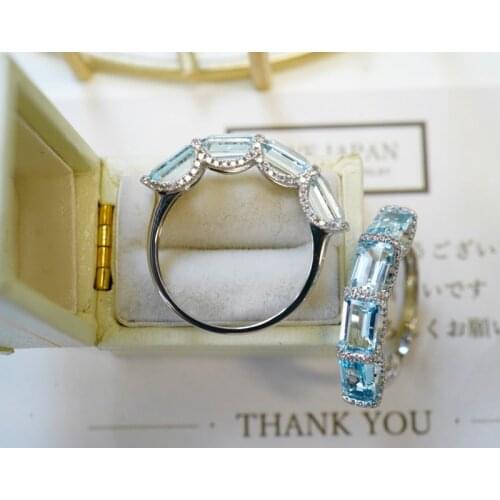 Aazuo 18K Orignal White Gold Natrual Aquamarine Real Diamonds Classic Line Ring Fashion Gift For Woman&Lady Birthday Party