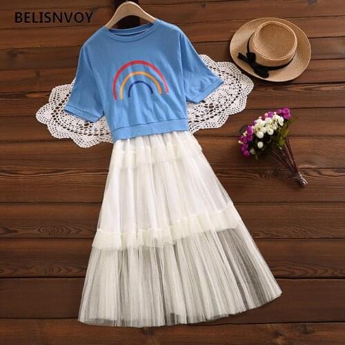 Mori Girl Summer Two piece Set Dress Japan Style Kawaii Rainbow printed Casual Student Dress Spaghetti Strap Mesh Tulle Vestidos