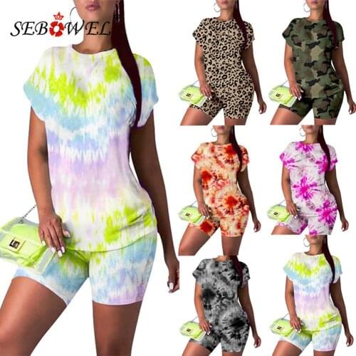 SEBOWEL Summer Woman Casual Short Sleeve Print T-shirt + Shorts Sets Lady Tie-Dye/Leopard/Camo Tracksuit Two Piece Outfit Set
