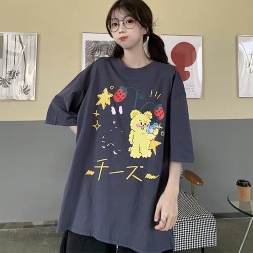 Summer college style cartoon print half-sleeved mid-length loose cotton T-shirt all-match casual women