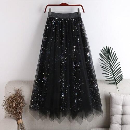 Layered Tulle Embroidered Sequins A-line Maxi Long Skirts Gray