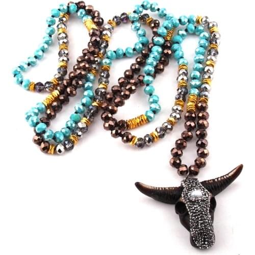 Fashion Bohemian Jewelry 150cm Long Knotted Metal Spacer Multi Crystal Horn Pendant Necklace For Women Ethnic Necklace