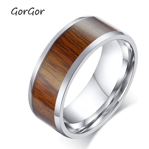 GorGor 2020 Trendy Classic 8MM Stainless Steel Brown Color Wood Grain Sticker Rings for Fashion Women Jewelry Gift R-528S
