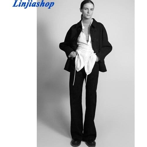 Fashion Loose Solid Long Sleeve Coats Women Elegant Rope Buckle Jackets Women Turn Down Collar Black Coats Ladies