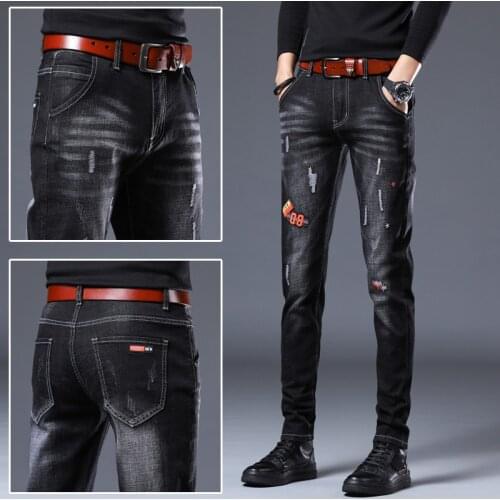 2021 Men’s Classic Black Denim Pants,Scratched&Ripped Slim-fit Jeans,Embroidery Decors Casual Pants,Youth Fashion Must