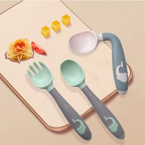 Bendable Baby Spoon Fork Set Children Cartoon Cute Utensils Toddler Learning To Eat Training Flexible Soft Fork Infant Tableware