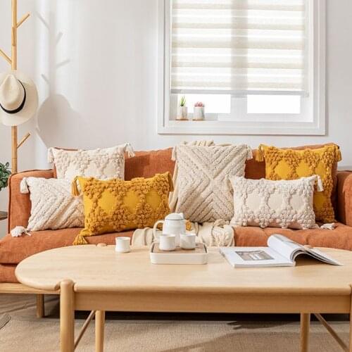 Cushion Cover Moroccan Style Mustard Yellow Beige Pillow Cover Tassels Home Decoration Handmade 45x45cm/30x50cm For Sofa Bed