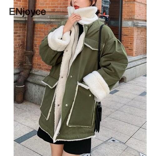 2020 New Warm Winter Faux Lambswool Thicken Jacket Women Korean Style Retro Green Parka Thicked Loose Cotton Padded Coats