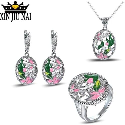 2020 hot new arrival arrives fashion luxury enamel color delicate oval flower ring necklace earrings prom feast jewelry set