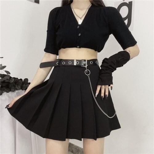 New Women Skirts Gothic Short A-Line High-Waist Tooling Sexy Chain Sashes Chic 2021 Hot Female Student Black Mini Pleated-Skirt