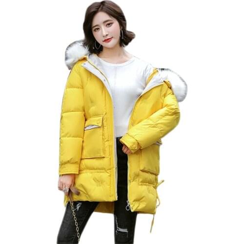 2020 Winter Coat Women Yellow Plus Size Loose White Fur Collar Hooded Down Cotton Jacket Embroidery Warmth Parkas Feminina JD944