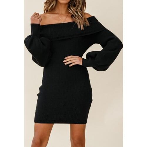 Sexy Bodycon Dress Hip Wrap Knit Solid Off Shoulder Black Dresses For Women 2021 Lantern Sleeve Mini Dress Vestidos Mujer Verano