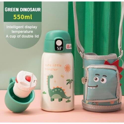 550ml Cartoon Portable Bag Strap Smart Display Double Lid Stainless Steel Vacuum Water Thermos for Kid Children Students Bottle