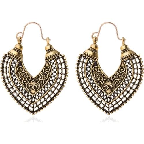 Vintage Heart Hollow Flower Dangle Earrings For Women Girls Antique Gold Silver Circle Metal Hanging Earrings Indian Jewelry