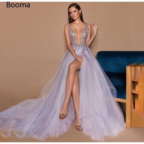 Light Purple Beading Prom Dresses Sexy V-Neck High Slit Backless Evening Dresses Illusion Tulle A-Line Wedding Party Dresses