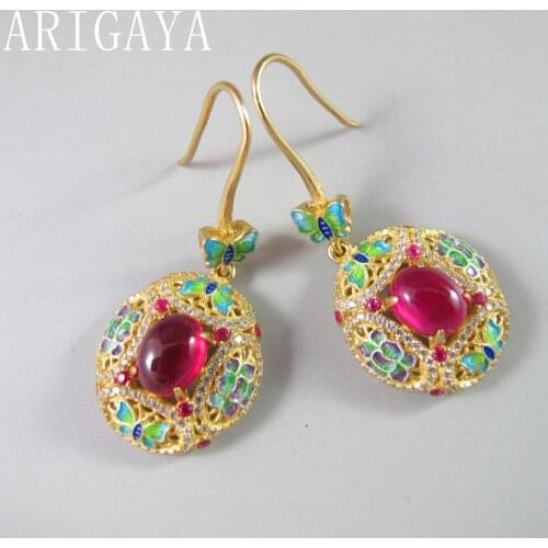 Top Qulity Enamel Cloisonne Red Corundum Ruby Color Stone Butterfly Earrings Silver 925 For Women Fine jewelry Drop shipping