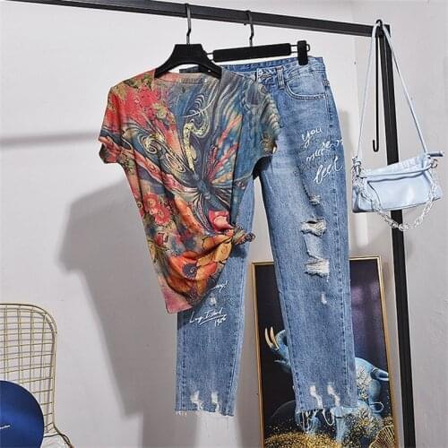 Vintage Print T-shirt Holes Denim Pants Two Piece Set Women Summer Streetwear Casual O-Neck Short sleeve T shirt Jean 2pc Female