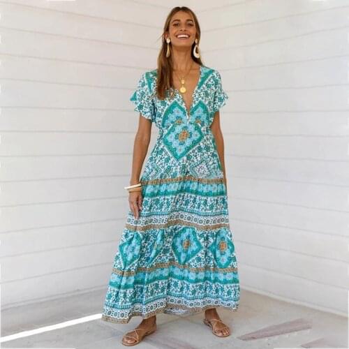 Ladies Summer Bohemian Floral Print Long Dress Women High Waist Short Butterfly Sleeve V Neck Elegant Ankle Length Dress Nice
